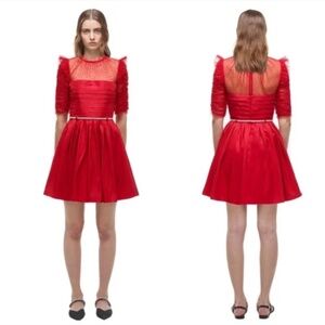 Self-Portrait Red Taffeta Mini Dress Puff Sleeve Rhinestone Belt US 0 with tags